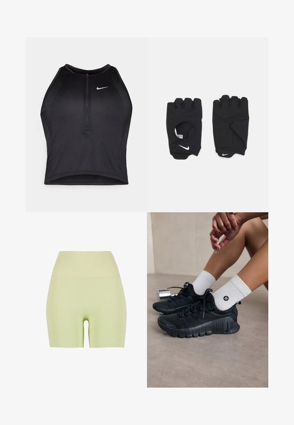 Zwarte atletische crop top met een rits aan de voorkant, mesh accenten en een aansluitend ontwerp. Gemaakt van rekbare, ademende stof. Nike-logo aan de voorkant.; Hoog getailleerde, lichtgroene shorts gemaakt van rekbaar materiaal. Soepele textuur; aansluitend ontwerp met een ronde uitsparing op de onderrug.; Zwarte sport schoenen van een gestructureerde stof, met vetersluiting en een opvallende zool, gecombineerd met witte geribbelde sokken met een klein logo.; Zwarte vingerloze handschoenen van rekbaar materiaal, met een open palmontwerp, gripaccenten en het Nike-logo in het wit.