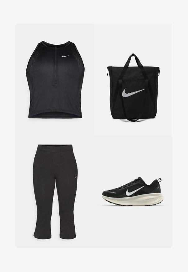 Top cropped atlético preto com fecho à frente, acentos em malha e um design ajustado. Feito de tecido elástico e respirável. Logótipo da Nike na frente.; Calças de treino capri pretas feitas de material suave, com uma cintura ajustada e aberturas laterais na bainha. Apresenta um pequeno logótipo na parte inferior da perna.; Sapatilha de corrida Nike preta com parte superior de malha respirável, logotipo Swoosh branco, detalhes texturizados e uma entressola ZoomX na cor creme.; Saco tote preto em nylon com duas alças resistentes e fecho com zíper. Apresenta um destacado logo branco da Nike em um design de listras horizontais.