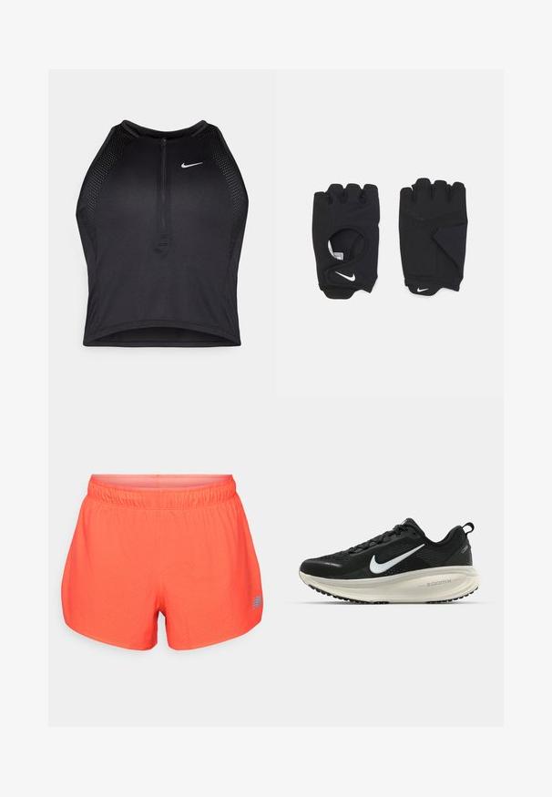 Zwarte atletische crop top met een rits aan de voorkant, mesh accenten en een aansluitend ontwerp. Gemaakt van rekbare, ademende stof. Nike-logo aan de voorkant.; Heren hardloopschoenen in helder koraal, gemaakt van ademend materiaal met een geperforeerde textuur. Voorzien van een elastische tailleband en een blauw logoaccent.; Zwarte Nike hardloopschoen met ademend mesh bovenwerk, witte swoosh-logo, gestructureerde details en een crèmekleurige ZoomX middenzool.; Zwarte vingerloze handschoenen van rekbaar materiaal, met een open palmontwerp, gripaccenten en het Nike-logo in het wit.