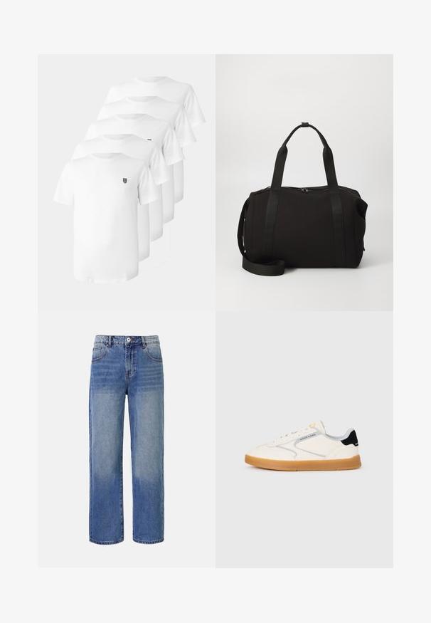 T-shirt bianche di cotone con collo a giro, maniche corte e un piccolo emblema nero sul petto. Cinque magliette esposte in un' disposizione impilata.; Jeans a gamba larga in denim blu chiaro con un motivo di scoloritura, cinque tasche e chiusura con zip. Presentano un bottone e passanti per la cintura in vita.; Sneakers bianche con tomaia in pelle strutturata, dettagli grigi e un tallone nero. Suola in gomma color naturale con marchiatura discreta. Design a taglio basso.; Borsa da viaggio nera con manici spessi e una tracolla removibile. Realizzata in tessuto liscio, presenta una chiusura a zip e un design minimalista.; Set di cinque anelli in argento di diversi design: banda liscia, bande impilate, banda attorcigliata e uno con un'inserto nero. Texture e finiture miste.