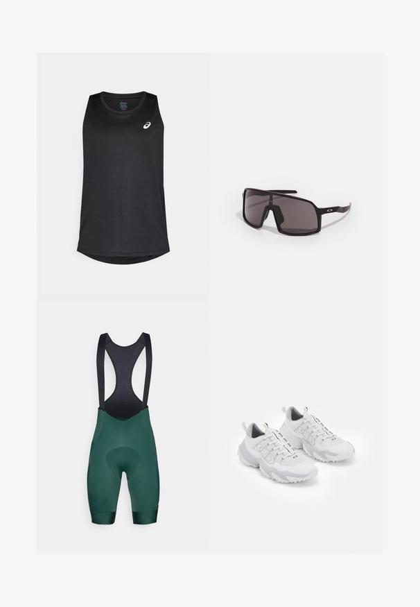 Black sleeveless athletic tank top made of lightweight fabric, featuring a rounded hem and a white logo on the front upper left.; Green cycling bib shorts with black straps, featuring a padded chamois area and smooth texture. The design includes a mesh back for ventilation.; White athletic shoes with a mesh upper, grey accents, textured rubber sole, and pull tabs on the heel; features a lace-up design.; Black rectangular sunglasses with dark lenses, wide frame, and slender black arms. Features a logo on the temples. Smooth texture.