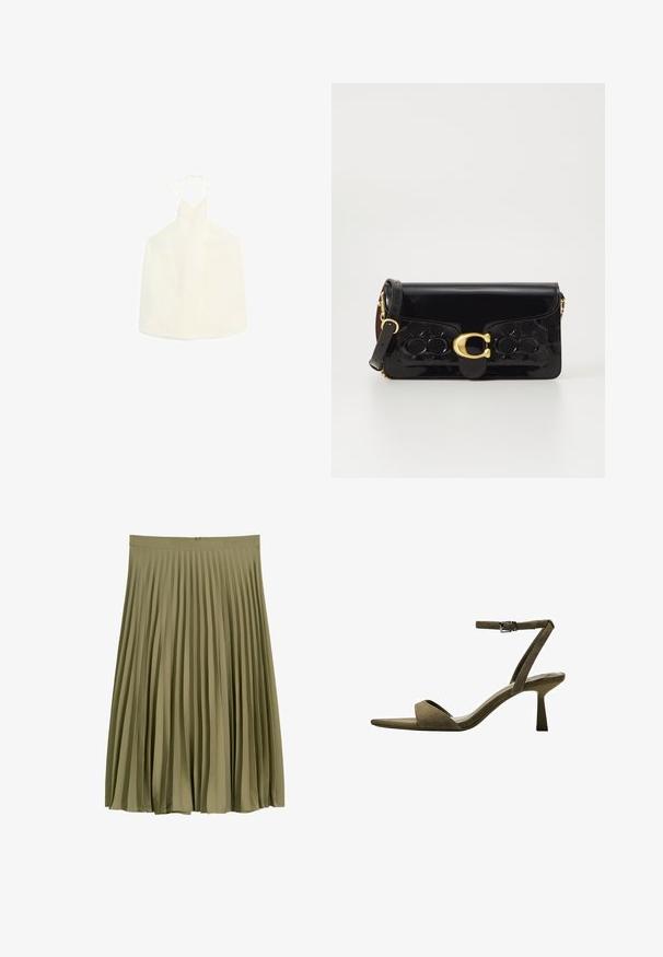 Biały top na ramiączkach z dekoltem w kształcie litery V, z zapięciem nawiązanym z tyłu i gładkim, lekko teksturowanym materiałem bez zdobień.; Skórzana midi spódnica w kolorze oliwkowym z fałdami, w pasie oraz z ukrytym zapięciem na zamek z tyłu.; Bershka - Sandały; Czarna torebka z lakierowanej skóry z złotymi akcentami, w tym z zapięciem. Charakteryzuje się teksturowanym wzorem i odczepianym paskiem. Kompaktowy prostokątny kształt.