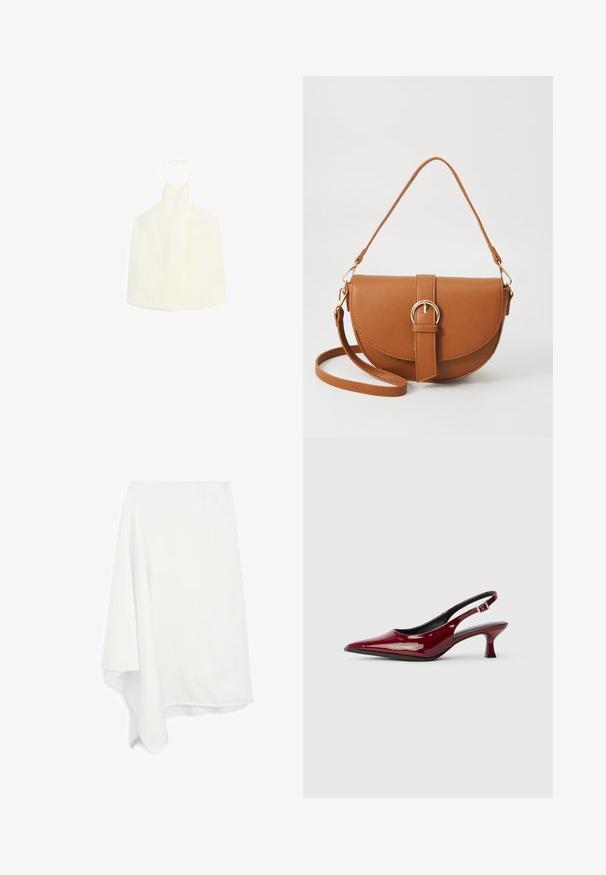Witte haltertop met een V-vormige halslijn, striksluiting aan de achterkant en een gladde, iets gestructureerde stof zonder versieringen.; Asymmetrische witte rok gemaakt van zachte, lichte stof; rafelafwerking aan de onderkant; gladde textuur; valt elegant aan één kant.; Bordeaux patent leren slingback hakken met een puntige neus en een slanke stilettostonk. Ontwerp met open achterkant en verstelbare enkelriem.; Bruine leren schoudertas met een gebogen vorm, gouden hardware en een gespaccent. Bevat een afneembare schouderriem.
