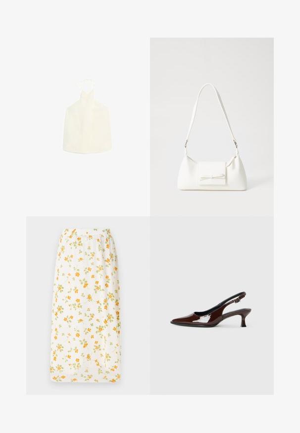 Biały top na ramiączkach z dekoltem w kształcie litery V, z zapięciem nawiązanym z tyłu i gładkim, lekko teksturowanym materiałem bez zdobień.; Kwiatowa długa spódnica z lekkiego materiału, biała baza z rozrzuconymi pomarańczowymi i zielonymi kwiatami, elastyczna talia, zwiewny fason.; Brązowe lakierowane skórzane buty na obcasie typu slingback z ostrym noskiem i umiarkowanym obcasem. Posiadają pasek z klamrą dla zapewnienia stabilnego dopasowania. Gładka tekstura.; Biała syntetyczna torba o trójkątnym kształcie, płaskim przednim klapce i detalach w postaci kokardy, regulowanym pasku, gładkiej fakturze oraz minimalistycznym designie.
