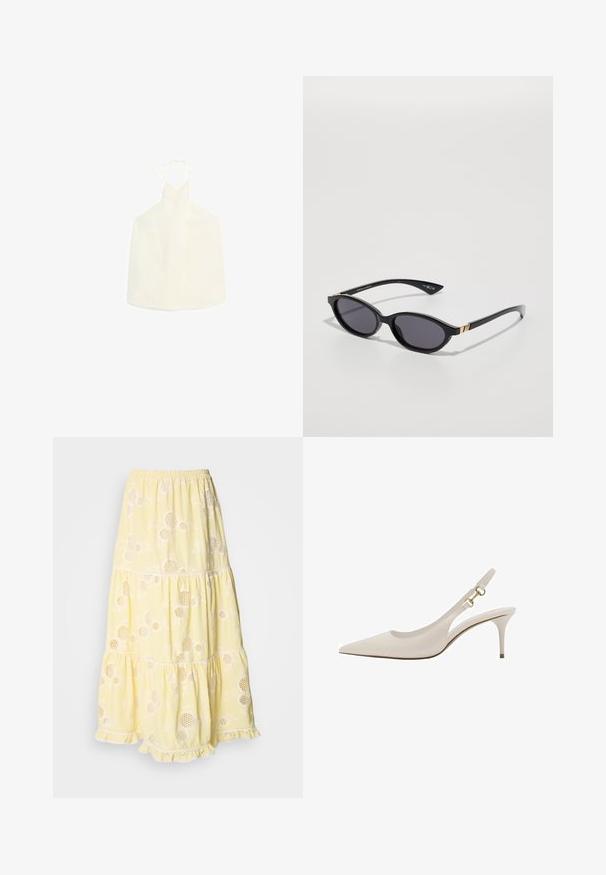 Witte haltertop met een V-vormige halslijn, striksluiting aan de achterkant en een gladde, iets gestructureerde stof zonder versieringen.; Geel, gelaagd rokje van lichtgewicht stof, met bloemenpatronen en ronde uitsparingen. Elastische tailleband en kantafwerking aan de onderkant.; Beige leren slingback schoen met een spitse neus, dunne hak en gouden hardware accenten op de band. Glad oppervlak overal.; Zwarte zonnebril met ovale glazen, donkere verloop-tint en slanke pootjes met subtiele gouden accenten. Glad plastic afwerking.; Witte leren schoudertas met een gevouwen klep aan de voorkant, gebogen shape en een verstelbare schouderband. Bevat een subtiel logo aan de voorkant.