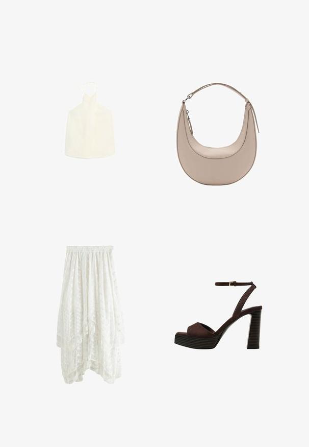 White halter top featuring a V-shaped neckline, tie closure at the back, and a smooth, slightly textured fabric without embellishments.; White lace skirt with a layered design, elastic waistband, floral patterns, and scalloped hem. Lightweight, semi-transparent material.; Brown suede high-heeled sandal with an open toe, adjustable ankle strap, and a striped platform sole.; Beige leather shoulder bag with a crescent shape, smooth texture, and a single curved handle. Features a zip closure and neat stitching.