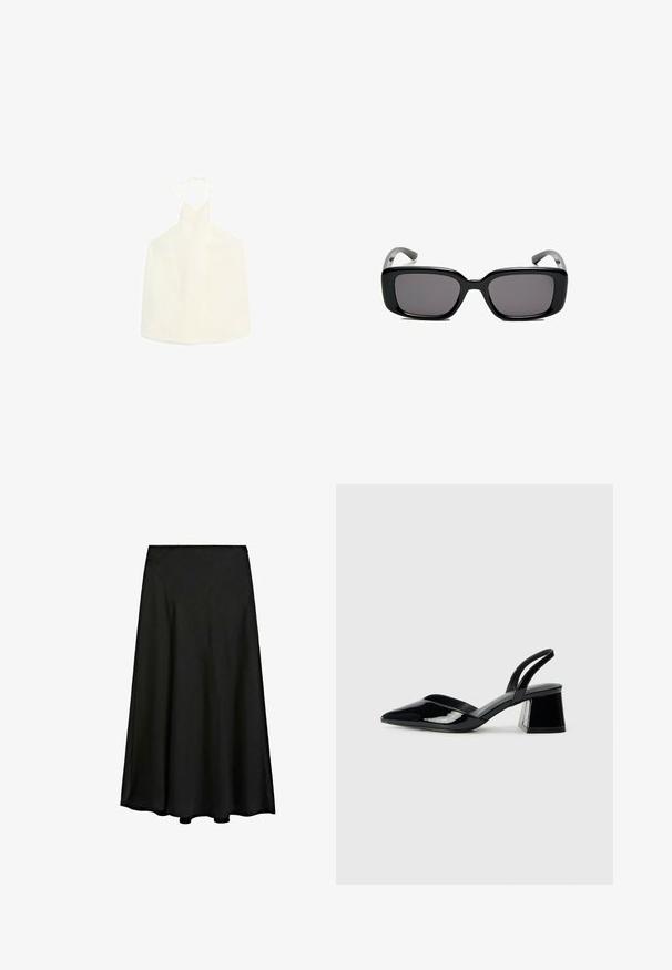 Weißes Halsbandoberteil mit V-förmigem Ausschnitt, Bindeschluss im Rücken und einem glatten, leicht strukturierten Stoff ohne Verzierungen.; Schwarzer Maxirock aus glattem Stoff, mit einer A-Linien-Silhouette und einem fließenden Design, das bis zu den Knöcheln reicht, mit einem sauberen Saum.; Schwarze Lackleder-Slingback-High Heels mit spitzem Schuh und einem geometrischen Blockabsatz. Verfügt über ein schlankes, minimalistisches Design und eine glatte Textur.; Schwarze rechteckige Sonnenbrille mit dunklen Gläsern, glattem Kunststoffrahmen und gebogenen Bügeln. Das Design ist klobig mit einer minimalistischen Ästhetik.