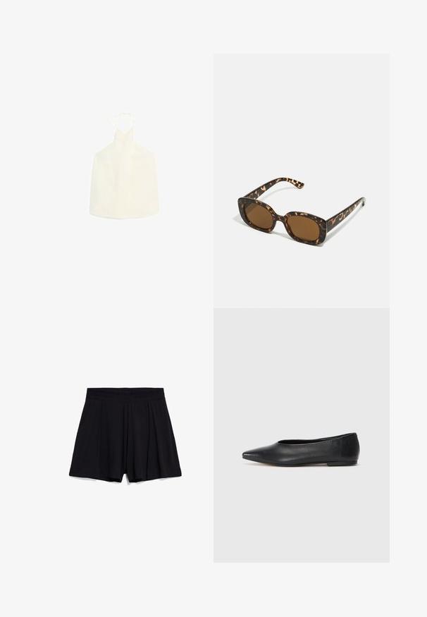 Witte haltertop met een V-vormige halslijn, striksluiting aan de achterkant en een gladde, iets gestructureerde stof zonder versieringen.; Zwarte katoen shorts met een geplooid ontwerp, elastische tailleband en een gladde textuur. Geen zakken of extra hardwaredetails zichtbaar.; Zwarte leren balletflat, puntige neus, minimalistisch design, gladde textuur, lage hak, geen zichtbaar beslag of versieringen.; Tortoiseshell zonnebril met een ronde, stevige montuur en bruine lenzen. Heeft subtiele patronen en rechte, taps toelopende veren.; Zwarte leren handtas met een unieke waaier vorm, voorzien van platte handvatten. Het oppervlak heeft een gewelfde textuur en een minimalistisch ontwerp.