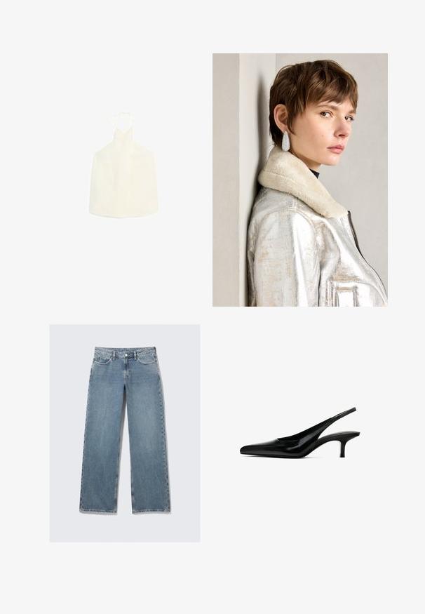Bílý halter top s výstřihem ve tvaru písmene V, s vázáním na zádech a hladkým, mírně texturovaným materiálem bez ozdob.; Světlomodré džíny s vysokým pasem a rovnými nohavicemi, s předními kapsami, poutky na opasek a zapínáním na knoflík na bílém pozadí.; Černý špičatý slingback s lesklou koženou povrchovou úpravou a tenkým, nízkým podpatkem. Obsahuje výřez na boku pro prodyšnost.; Stříbrná kovová kožená bunda s beránkovým límcem, s ozdobným zipem a texturovaným povrchem. Velké kapkovité náušnice s čirými drahokamy.