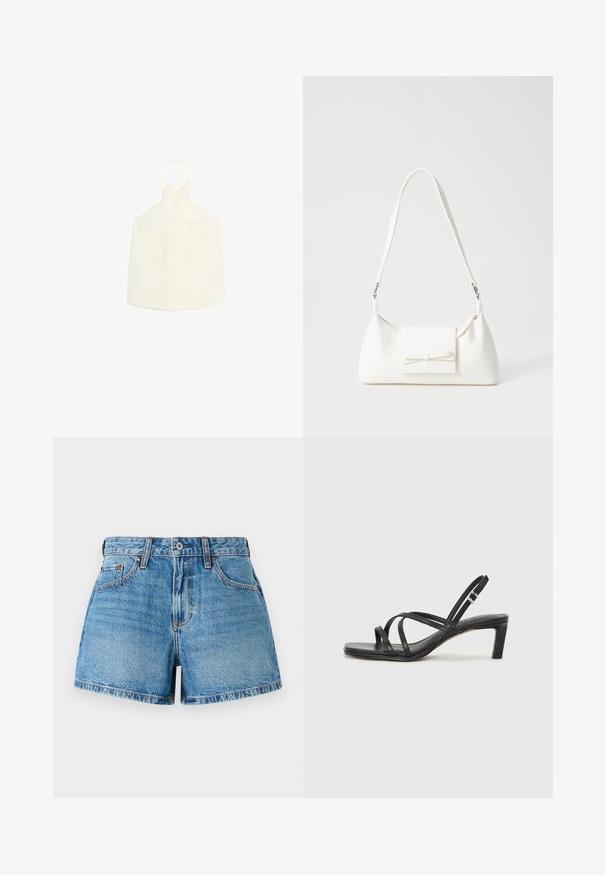 Witte haltertop met een V-vormige halslijn, striksluiting aan de achterkant en een gladde, iets gestructureerde stof zonder versieringen.; Denim shorts in een lichtblauwe wassing, met een hoge taille, traditioneel vijf-pocket ontwerp en contrasterende stiksels voor een gedetailleerde textuur.; Zwarte sandaal met bandjes, vierkante teen en een lage blokhak. Voorzien van meerdere dunne bandjes en een verstelbare enkelband. Gemaakt van zacht leer.; Witte synthetische handtas met een driehoekige vorm, platte voorklep en strikdetail, verstelbare schouderriem, gladde textuur en minimalistisch ontwerp.