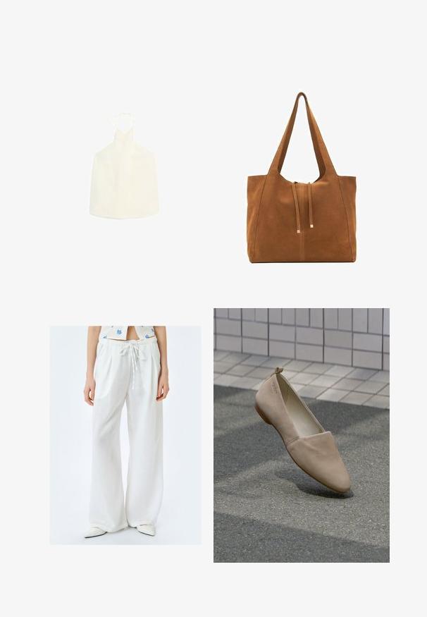 White halter top featuring a V-shaped neckline, tie closure at the back, and a smooth, slightly textured fabric without embellishments.; White linen wide-leg pants with a drawstring waist, featuring soft texture and relaxed fit. Paired with pointed white shoes.; Beige flat shoe made of soft material, featuring a pointed toe and minimalistic design. Includes a small heel and loop at the back.; Brown suede tote bag with a wide opening, elongated straps, and drawstring closure featuring metallic accents. Smooth texture with minimal seams.; Necklace with a brown cord and a silver oval pendant. The pendant has a smooth surface and a slight indentation in the center.