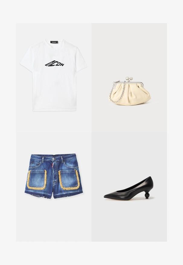 White cotton t-shirt featuring a black logo print on the front. Classic crew neckline and short sleeves with a relaxed fit.; Denim shorts in dark blue with yellow fringing around large front pockets. Features a button and zip fastening, with distressed edges.; Black leather high heel shoe with a pointed toe and a round, balled heel. Smooth texture with a sleek, minimal design.; Pleated beige leather clutch with a silver metal frame, featuring two round decorative clasps and a silver chain strap.