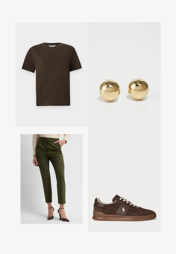 Maglietta in cotone marrone scuro con scollo rotondo, maniche corte e vestibilità rilassata. Design semplice senza motivi o dettagli visibili.; Pantaloni sartoriali verde oliva con vita alta, gambe affusolate e cuciture frontali. Abbinati a décolleté bordeaux con punta e una camicetta leggera.; Sneaker in suede marrone con pannelli testurizzati, lacci bianchi e logo dorato. Presenta una suola in gomma e un colletto imbottito per il comfort.; Orecchini a perno sferici in oro con finitura lucida e piccolo perno. Presentano una superficie liscia e riflettente.