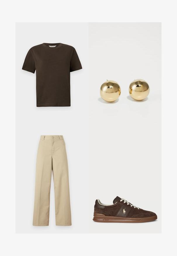 Dark brown cotton t-shirt with a round neckline, short sleeves, and a relaxed fit. Simple design with no visible patterns or accents.; Beige wide-leg trousers made of cotton, featuring a button closure, belt loops, and a flat front with minimal detailing.; Brown suede sneakers with textured panels, white laces, and a gold logo. Features a rubber sole and a cushioned collar for comfort.; Gold spherical stud earrings with a polished finish and small post. Feature a smooth texture and reflective surface.