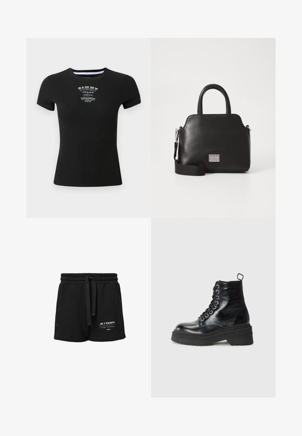 Zwarte geribbelde T-shirt met korte mouwen, voorzien van een witte "TOMMY JEANS" logo en tekst in een verouderde stijl over de borst.; Zwarte katoenen shorts met een elastische tailleband, koord, witte logodetails en drukknoopaccenten aan de zijkanten. Gladde textuur, casual ontwerp.; Zwarte enkellaarsjes met een glanzende afwerking, voorzien van een chunky platformzool en vetersluiting, met prominent het merk "TOMMY".; Zwarte synthetische handtas met bovenhandvatten, afneembare schouderriem, ronde vorm, gladde textuur en zilveren logo-accent aan de voorkant.