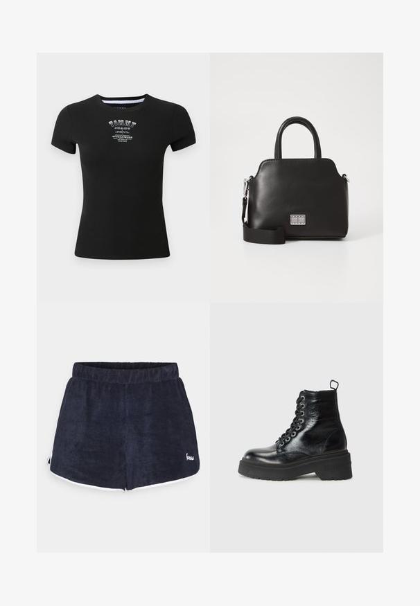 Zwarte geribbelde T-shirt met korte mouwen, voorzien van een witte "TOMMY JEANS" logo en tekst in een verouderde stijl over de borst.; Marineblauwe badstof shorts met een zachte textuur, voorzien van een witte rand en een klein logo aan de rechteronderzijde. Elastische tailleband.; Zwarte enkellaarsjes met een glanzende afwerking, voorzien van een chunky platformzool en vetersluiting, met prominent het merk "TOMMY".; Zwarte synthetische handtas met bovenhandvatten, afneembare schouderriem, ronde vorm, gladde textuur en zilveren logo-accent aan de voorkant.