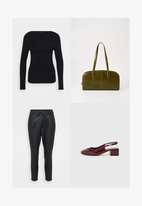Black long-sleeve top made from stretchy fabric, featuring a boat neckline and gathered detailing along the sides for a fitted look.; Black, faux leather pants with an elastic waistband, front pleats, and a drawstring closure. Tapered fit with a smooth texture.; Burgundy patent leather slingback shoe with a square toe, small block heel, and a decorative bow detail on the front strap.; Olive green leather handbag with a rounded shape, dual handles, and seamless front. Features a smooth texture and subtle stitching details.; Silver hoop earring with a polished finish, featuring small gold accent details and a round shape, worn on the lobe.