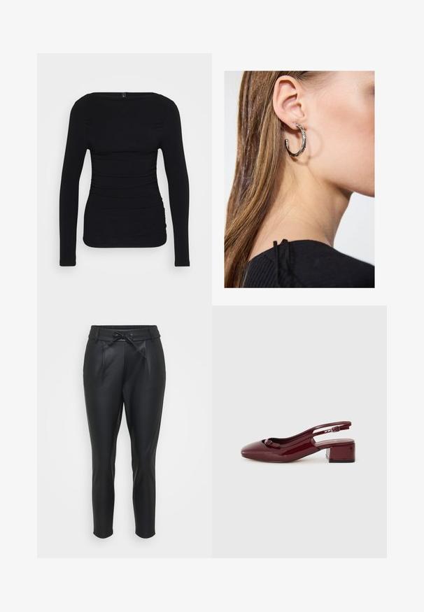 Fekete, hosszú ujjas felső elasztikus anyagból, csónaknyakkal és oldalán redőzött részletekkel a testhez simuló megjelenésért.; Fekete, műbőr nadrág, elasztikus derékkal, elülső redőkkel és húzózsinórral. Szűkített szabás, sima felülettel.; Burgundy lakkozott bőr csúszócipő négyzet alakú orral, kis tömbsarkúval és díszes masnival az elülső pánton.; Ez egy ezüst fülbevaló, sima felülettel, amelyen apró arany díszítőelemek találhatók. Kerek formájú és a fülcimpán viselik.