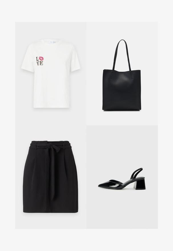 Valkoinen puuvillapaita lyhythihaisilla. Koristeena musta "LOVE" -teksti eläinkuosilla sekä punainen huulipaino vasemmalla puolella.; Musta hame, jossa on sidottu vyötäröyksityiskohta, muotoiltu siluetti ja laskokset. Valmistettu sileästä kankaasta, jossa on siisti reuna.}}; Mustat patentoitu nahkakengät, joissa on säären takaosa ja terävä kärki, sekä geometrinen palikkakorko. Sisältää tyylikkään, minimalistisen muotoilun ja sileän pinnan.; Mustapahkainen kangaskassi, jossa on sileä pinta, suorakaiteen muotoinen ja kaksi pitkää kahvaa. Ei näkyvää metalliosaa tai koristeita.