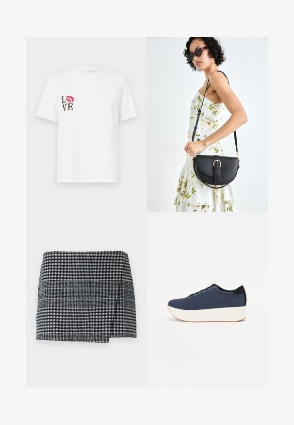 White cotton t-shirt with short sleeves. Features "LOVE" text in black and animal print, and a red lip print on the left side.; Wool mini skirt featuring a black and white houndstooth pattern, straight cut with a slight asymmetrical hem, and textured fabric.; Navy blue sneaker with a textured fabric upper, white platform sole, rounded toe, and black heel accent. Features six eyelets for laces.; Black leather handbag with a curved shape, detachable strap, and gold hardware. The bag features a flap with a buckle detail.