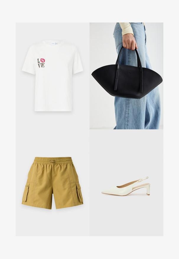 Balta medvilnės marškinėliai trumpomis rankovėmis. Ant krūtinės juodu rašalu užrašytas žodis „MEILĖ“ su gyvūnų raštais, ir raudonas lūpų atspaudas kairėje pusėje.; Kaki spalvos cargo šortai su elastinga juosta, virvute ir dviem šoninėm kišenėm. Pagaminti iš lengvos medžiagos su lygiu paviršiumi.; Baltas lakinės oda slingback batelis su smailiu nosiu ir žemu blokiniu kulnu. Yra subtilus dirželis su auksiniu užsegimu.; Juodas odinis rankinis uždangalas unikaliu ventiliatoriaus formos dizainu, turintis plokščias rankenas. Paviršius turi akmeninė tekstūrą ir minimalistišką dizainą.