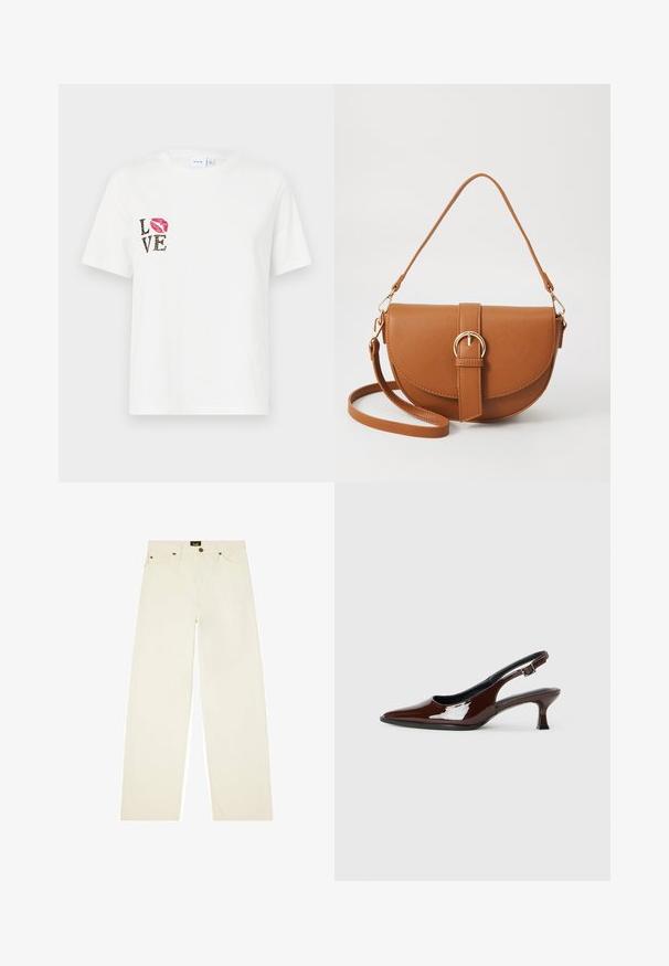 Camiseta de algodón blanca con mangas cortas. Presenta el texto "LOVE" en negro con estampado de animales, y una impresión de labios rojos en el lado izquierdo.; Pantalones de mezclilla de pierna ancha color crema, con cierre de botón, cinco bolsillos y detalles de costura en contraste.; Zapato slingback de charol marrón con punta afilada y tacón moderado. Cuenta con una correa con hebilla para un ajuste seguro. Textura suave.; Bolso bandolera de cuero marrón con forma curvada, herrajes dorados y un acento de hebilla. Incluye una correa de hombro desmontable.