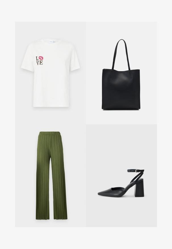 Bela bomba majica s kratkimi rokavi. Ima črn napis "LOVE" z motivom živali in odtis rdeče šminke na levi strani.; Zelene, nabrane široke hlače s elastičnim pasom. Teksturirana tkanina ima navpične črte za tekoč videz.; Črne usnjene klasične čevlje z ostrim nosom, z zaponko za gleženj in debelim peto. Ravna tekstura, eleganten dizajn in minimalistična estetika.; Črna usnjena torba s svilnato teksturo, pravokotne oblike in dvema dolgima ročajema. Brez vidnih metalnih delov ali okrasnih elementov.