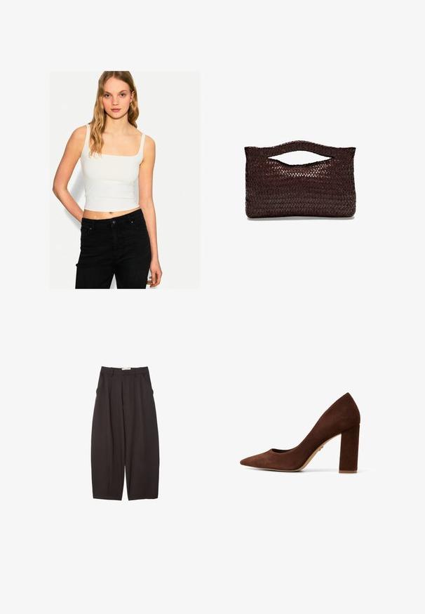 Hvid tætsiddende crop top med firkantet halsudskæring, smalle skulderstropper, båret med højtaljede sorte jeans. Glat, strækbart stof.; Sorte brede bukser lavet af et glat stof, med høj talje, forfaldne folder og sidelommer. Simpelt design uden udsmykninger.; Brune ruskinds højhælede sko med spidse tæer og en bred blokhælt. Glat tekstur og minimalistisk design. Ingen synlige hardware eller mønstre.; Vævet brun læderhåndtaske med et afrundet topgreb og en åben silhuet, der har en struktureret overflade og et elegant, minimalistisk design.; Guld- og sølvfarvede øreringe har runde, reflekterende midterplader omgivet af en guld ring, med en løftebacklukning for sikker bæring.