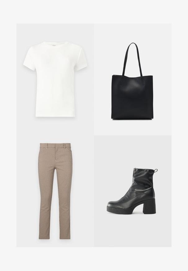 White short-sleeve t-shirt made of ribbed fabric, featuring a classic round neckline and a simple, fitted design. No patterns or accents.; Checked beige trousers with a slim fit, featuring a small grid pattern, side pockets, and a flat front design. Smooth fabric texture.; Black ankle boots made of smooth leather, featuring a side zipper, chunky textured heel, and rounded toe design.; Black leather tote bag with smooth texture, rectangular shape, and two long handles. No visible hardware or embellishments.