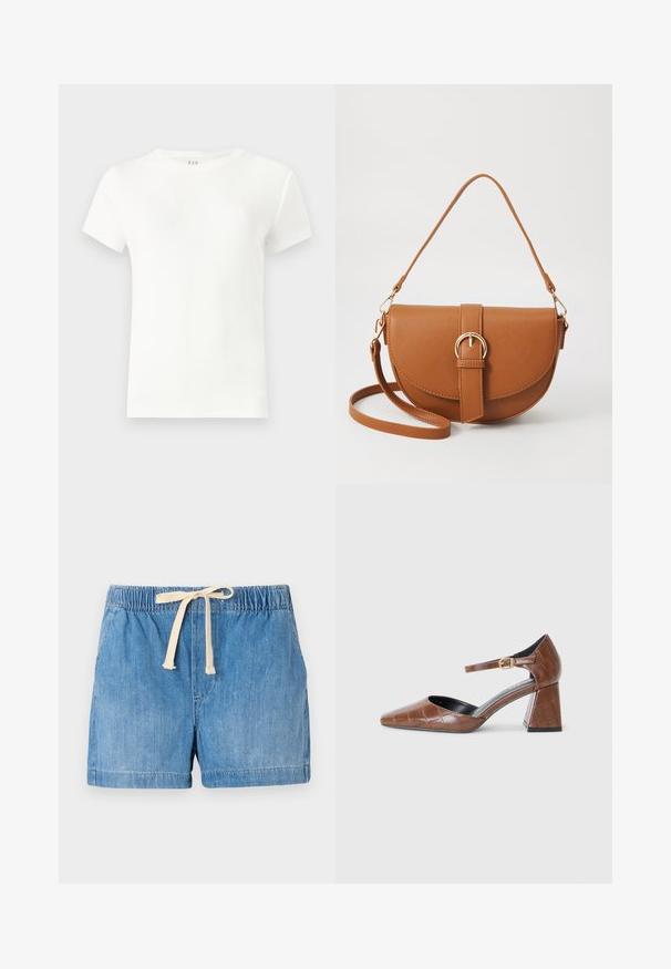 Biała koszulka z krótkim rękawem uszyta z prążkowanej tkaniny, z klasycznym okrągłym dekoltem i prostym, dopasowanym krojem. Bez wzorów ani akcentów.; Jasnoniebieskie szorty dżinsowe z elastycznym paskiem w talii, regulowanym beżowym sznurkiem i gładką fakturą, z podwiniętymi brzegami.; Brązowy lakierowany zamszowy szpilki z kwadratowym noskiem, teksturowanym wzorem krokodyla, paskiem na kostkę z złotą klamrą i masywnym obcasem.; Brązowa skórzana torba na ramię o zaokrąglonym kształcie, ze złotymi akcentami i zapięciem w formie klamry. Posiada odpinany pasek na ramię.