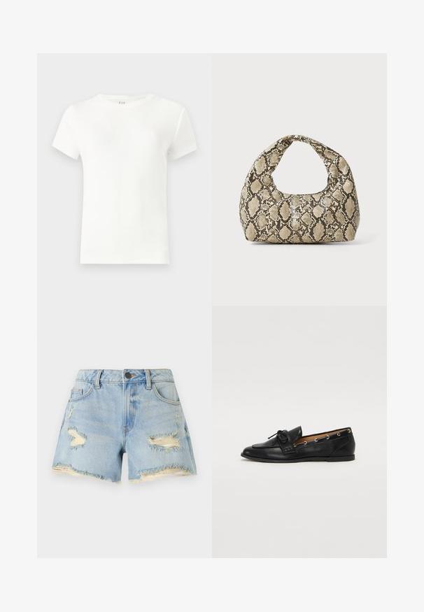 Λευκό κοντομάνικο μπλουζάκι κατασκευασμένο από ραμμένο ύφασμα, με κλασικό στρογγυλό λαιμό και απλό, εφαρμοστό σχεδιασμό. Χωρίς σχέδια ή λεπτομέρειες.; Σορτσάκι από τζιν σε ανοιχτό μπλε χρώμα με φθαρμένες λεπτομέρειες, τριμμένες άκρες, ψηλή μέση και κλασικό σχέδιο πέντε τσεπών. Κατάλληλο για καθημερινή χρήση.; Μαύρες δερμάτινες μπαλαρίνες με σφιχτό φιόγκο, με χρυσές οπές στα πλάγια και επίπεδη ελαστική σόλα. Λείος υφής, κλασικός σχεδιασμός.; Τσάντα σε σχέδιο φίδι με καμπυλωτή λαβή. Φτιαγμένη από υλικά με υφή, σε μπεζ και καφέ αποχρώσεις, με ξεχωριστό διαμαντένιο σχέδιο.