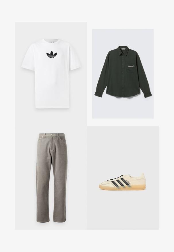 Baltas medvilnės marškinėliai su juodu Adidas logo centre. Trumpomis rankovėmis ir apvalia kaklo iškirpte. Lygus audinys.; Tamsiai žalia ilgomis rankovėmis mygtukų marškiniai su apykakle ir krūtinės kišene, pažymėta "ATHLETIX DEPT", ant vientisos šviesios fono.; Pilkos kordūrinės kelnės su tiesiu kirpimu, turinčios aukštą juosmenį, priekines kišenes ir subtilią vertikalią juostuotą tekstūrą.; Šviesiai kreminiai sportbačiai su juodu trikampiu dizainu, tekstūruota viršutinė dalis, apvalus pirštas ir guminiu padu. Yra raišteliai ir ženklas šone.