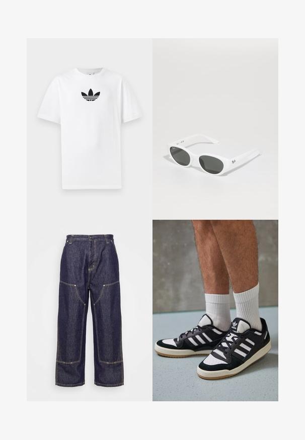Camiseta de algodón blanca con un logo negro de Adidas en el centro. Diseño de manga corta y cuello redondo. Textura suave.; Carhartt WIP NASH PANT SMITH - Vaqueros boyfriend - blue rinsed; Zapatillas en blanco y negro con parte superior de ante y cuero, que presentan tres franjas blancas, una puntera perforada y una suela de goma.; Gafas de sol blancas con montura redondeada y lentes oscuros. Presentan una textura de plástico suave y un pequeño logo en la patilla.