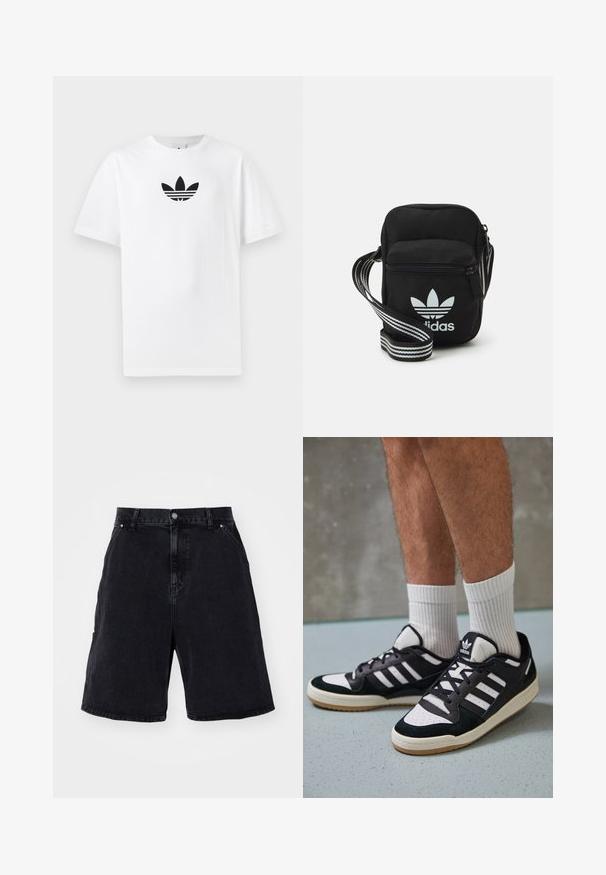 Valge puuvillane T-särk, millel on must Adidas logo keskel. Lühikesed varrukad ja ümmargune kaelus. Sile tekstuur.; Mustad teksad lühikesed püksid on lõdva lõikega, standardse viie tasku kujundusega ja metallist nööbiga sulgemine. Sile tekstuur minimaalse pleekimisega.; Mustvalged ja valged spordijalatsid, mille pealmine osa on valmistatud suede'ist ja nahast. Kingadel on kolm valget riba, auguline varvas ja kummist tald.; Mustmust värvi risti koti, millel on tõmblukuga sulgemine, valge Adidas'i logo ja triibuline reguleeritav rihm mugavaks kandmiseks.