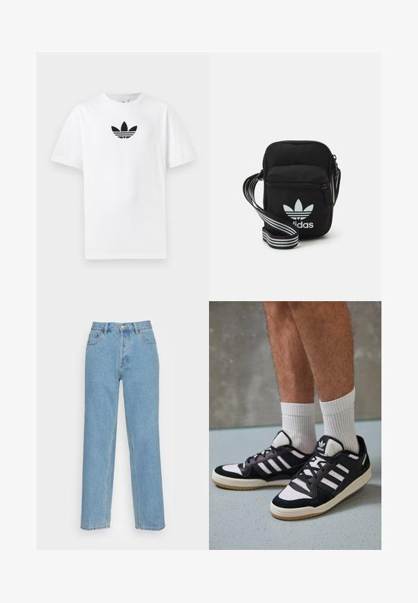 Valge puuvillane T-särk, millel on must Adidas logo keskel. Lühikesed varrukad ja ümmargune kaelus. Sile tekstuur.; Heledad sinine sirge säärega teksapüksid, mis on valmistatud denimist, klassikalise viie tasku disainiga, esituse nupuga kinni ja nähtava õmblustega.; Mustvalged ja valged spordijalatsid, mille pealmine osa on valmistatud suede'ist ja nahast. Kingadel on kolm valget riba, auguline varvas ja kummist tald.; Mustmust värvi risti koti, millel on tõmblukuga sulgemine, valge Adidas'i logo ja triibuline reguleeritav rihm mugavaks kandmiseks.