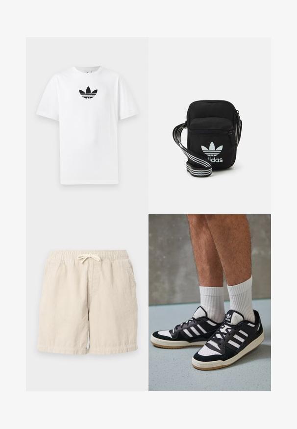 Bijela pamučna majica s crnim Adidas logom u centru. Kratki rukavi i dizajn s okruglim izrezom. Glatka tekstura.; Bež kratke hlače od kordura s elastičnim pojasom i vezicom, koje imaju bočne džepove i teksturirani, rebrasti uzorak.; Crne i bijele tenisice s gornjim dijelom od antilopa i kože, s tri bijele pruge, perforiranim prstom i gumiranim potplatom.; Crna crossover torba od tkanine sa zatvaračem, sa bijelim Adidas logotipom i prugastim podešivim remenom za lako nošenje.