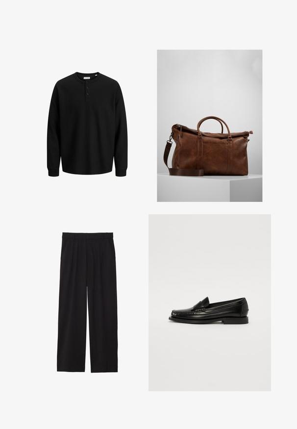Crna dugorukava henley majica s rebrastom teksturom, tri gumba na izrezu i ravnim rubom. Izrađena od mekog materijala.; Crne široke hlače s nabranim prednjim dijelom, bočnim džepovima i glatkom teksturom tkanine. Dizajnirane za opušteni kroj.; Crne kožne mokasine s glatkom površinom, s ušivenim dizajnom, niskom potpeticom i zaobljenim vrhom, prikazuju klasičnu siluetu.; Smeđa kožna putna torba s zatvaranjem na patentni zatvarač, dvostrukim ručkama, podesivim naramenicama i vidljivim teksturnim uzorcima na površini.