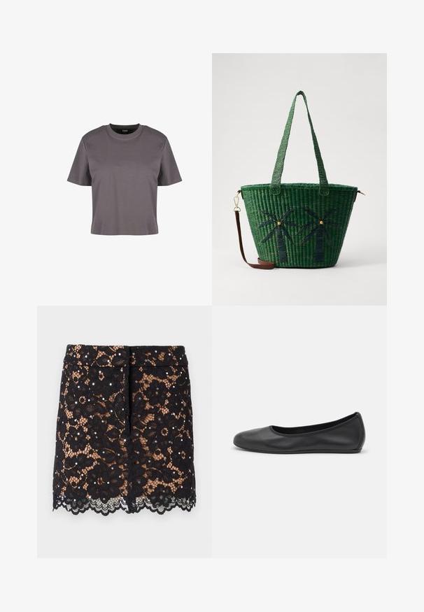 Gray short-sleeve t-shirt made of smooth fabric with a round neckline and a relaxed fit. Simple design, no patterns or accents visible.; Black lace skirt featuring floral patterns, decorative rhinestones, a scalloped hem, and a fitted design. Hangs at mid-thigh length.; Black leather ballet flat with a rounded toe, smooth texture, minimal stitching detail, and a flexible sole design.; Green woven tote bag with palm tree designs in darker green; features two handles and a detachable brown leather strap.