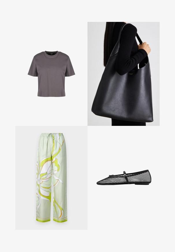 Siva kratka majica s kratkimi rokavi, narejena iz gladkega blaga, z okroglo ovratnikom in sproščenim fitom. Preprost dizajn, brez vidnih vzorcev ali dodatkov.; Satinaste zelene hlače s cvetličnim vzorcem v beli in rumeni barvi, elastičnim pasom, širokimi nogami in gladko teksturo.; Črne mrežaste balerinke s konično oblikovanim prstom, okrasno zanko in subtilnim poudarkom. Imajo odprt mrežni dizajn in ravno podplat.; Črna usnjena torba z gladko teksturo, prevelike oblike in z enim naramnim trakom. Ima zlat logotip za dekoracijo.