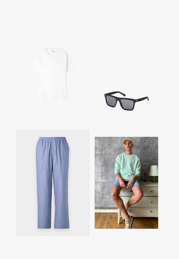 Witte katoenen T-shirt met korte mouwen, ronde hals en een ontspannen pasvorm. Gladde textuur, geen patronen of graphics, minimale branding op het label.; Lichtblauwe, loszittende broek met een elastische tailleband, twee zijzakken en rechte pijpen. Gemaakt van zachte stof met een gladde textuur.; Muntgroene sweatshirt, denim shorts en olijfgroene instappers. Zittend op een lichtgekleurde ladekast tegen een gestructureerde grijze muur.; Zwarte rechthoekige zonnebril met donkere lenzen, een matte afwerking en logo-detail op de sluiting. Het ontwerp heeft rechte randen en dikke monturen.
