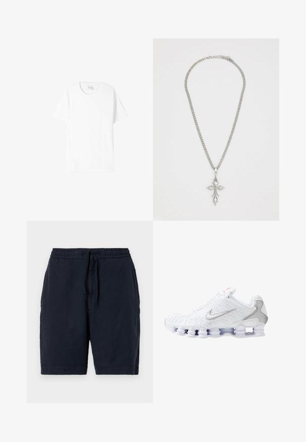Biela bavlnená tričko s krátkymi rukávmi, okrúhlym výstrihom a voľným strihom. Hladká štruktúra, bez vzorov alebo grafiky, minimalizované označenie na etikete.; Námornícke ľanové šortky s elastickým pásom a šnúrkou, s voľným strihom a jemne textúrovaným povrchom.; Biele športové tenisky s textúrovaným sieťovaným zvrškom, strieborným logom Nike, polstrovaním okolo členka a jedinečnou priesvitnou plastovou podrážkou so pružinami.; Strieborný retiazkový náhrdelník s veľkým, ozdobným príveskom v tvare kríža s ostrými akcentmi a lesklým povrchom. Retiazka je hrubá a plochá.