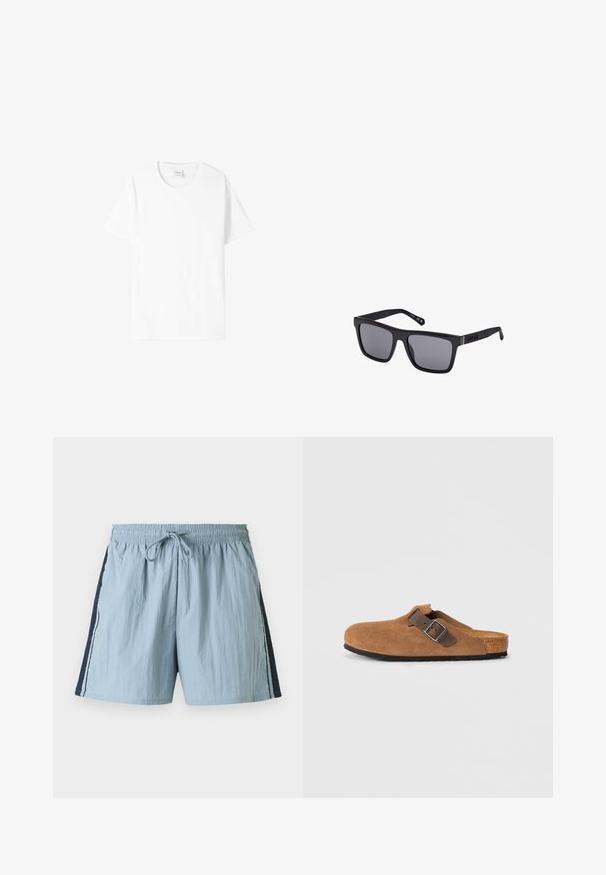 Biała bawełniana koszulka z krótkim rękawem, okrągłym dekoltem i luźnym krojem. Gładka faktura, bez wzorów ani grafik, minimalne oznakowanie na metce.; Jasnoniebieskie kąpielówki z elastycznym pasem i sznurkiem do regulacji. Posiadają granatowe boczne panele i białe wykończenie po bokach. Wykonane z lekkiego materiału.; Brązowe zamszowe klapki z regulowanym brązowym skórzanym paskiem i srebrną klamrą, z formowanym korkowym wkładem i teksturowaną gumową podeszwą.; Czarna prostokątna para okularów przeciwsłonecznych z ciemnymi soczewkami, matowym wykończeniem i detalem logo na zauszniku. Projekt charakteryzuje się prostymi krawędziami i grubymi oprawkami.