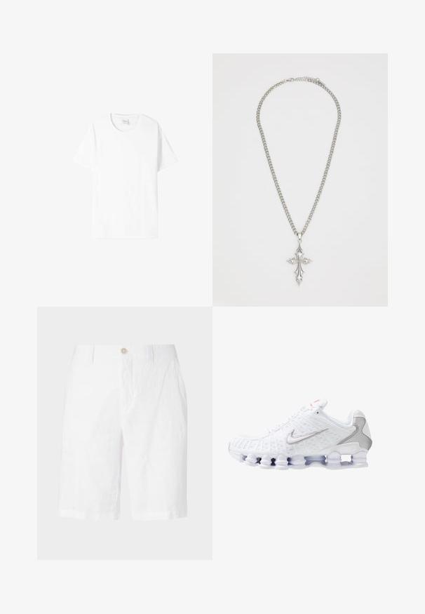 Witte katoenen T-shirt met korte mouwen, ronde hals en een ontspannen pasvorm. Gladde textuur, geen patronen of graphics, minimale branding op het label.; Witte linnen shorts met een knoopsluiting, voorzien van een ontspannen pasvorm, rechte snit en zonder zichtbare patronen of accenten. Soepele textuur.; Witte sportieve schoen met een gestructureerde mesh bovenkant, zilveren Nike-logo, gevoerde kraag en unieke doorzichtige plastic zool met veren.; Zilveren ketting met een grote, ornamentele kruis hanger met scherpe accenten en een gepolijste afwerking. De ketting is dik en plat.