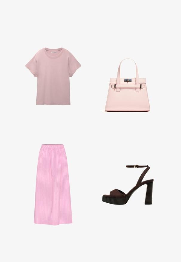 T-shirt rosa chiaro a maniche corte realizzato in cotone morbido. Presenta un colletto rotondo e una vestibilità comoda con un orlo dritto.; Gonna midi a righe rosa con vita elasticizzata e tessuto leggero. Presenta righe bianche verticali per un look classico.; Sandal in camoscio marrone con tacco alto, punta aperta, cinturino alla caviglia regolabile e suola a piattaforma striata.; Borsa a mano strutturata di colore rosa, realizzata in pelle testurizzata, con due manici superiori, chiusura a scatto e dettagli metallici a contrasto.