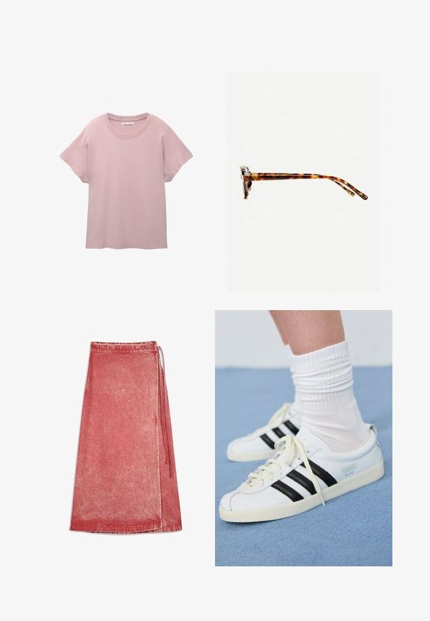 Vaaleanpunainen lyhythihainen t-paita, joka on valmistettu sileästä puuvillasta. Ominaisuuksiin kuuluu pyöreä kaula-aukko ja rento istuvuus, sekä suora helma.; Punainen denimiwrap-hame, jossa on haalistunut pesutaito, nilkkapituinen, sivusiteellinen kiinnitys ja ommeltu helma.; Valkoiset nahkakengät, joissa on mustat raidat, kermaisen värinen pohja ja vaaleat nauhat. Puettu valkoisten urheilusukkien kanssa, taustalla sininen väri.; Kivimäisd värvi päikeseprillid paksu raamiga, kergelt kõverate templitega ja siledast tekstuurist. Omab klassikalist disaini läikiva viimistlusega.