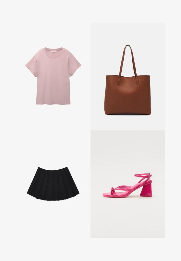 Helles rosa T-Shirt mit kurzen Ärmeln aus glattem Baumwollstoff. Es hat einen runden Ausschnitt und eine lässige Passform mit einem geraden Saum.; Schwarzer, plissierter Rock mit mehreren vertikalen Falten, einer glatten Textur und einem runden Saum, versehen mit einem verdeckten seitlichen Reißverschluss.; Rosa Lackleder-Sandaletten mit Absatz, rechteckiger Zehenpartie, schmalen Riemen und geometrischem Blockabsatz. Mit einer Schnallenverzierung am Riemen.; Braune Leder-Tote mit glatter Textur, offenem Oberteil und zwei Schulterriemen. Verfügt über minimale Nähte und keine sichtbaren Beschläge.
