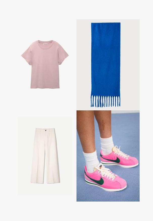 Világos rózsaszín, rövid ujjú póló sima pamutból. Kerek nyakkivágással és lazább fitnesz stílussal rendelkezik, egyenes szabású aljjal.; Tejbézs széles lábú nadrág, szabott kialakítással, két elülső zsebbel és egyetlen elülső gombos záródással, sima anyagból készült.; Rózsaszín Nike sportcipő zöld részletekkel, sima anyagból, fehér fűzőkkel és texturált talppal. A bokán felül látható fehér zoknik.; Kék, rojtos sál puha anyagból; egyszínű, texturált felülettel rendelkezik, az alján pedig egyenletesen vágott rojttal van ellátva.