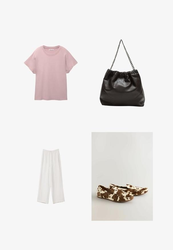 Light pink short-sleeve t-shirt made of smooth cotton. Features a round neck and relaxed fit with a straight cut hemline.; White wide-leg trousers made from a lightweight fabric. Features an elastic waistband with a drawstring and side pockets. Smooth texture.; Cow print loafers made of soft material with brown and white pattern, featuring a slip-on design and flat rubber sole.; Brown leather bag with a gathered top and a chain strap. Smooth texture with a glossy finish and subtle seam detailing on the sides.