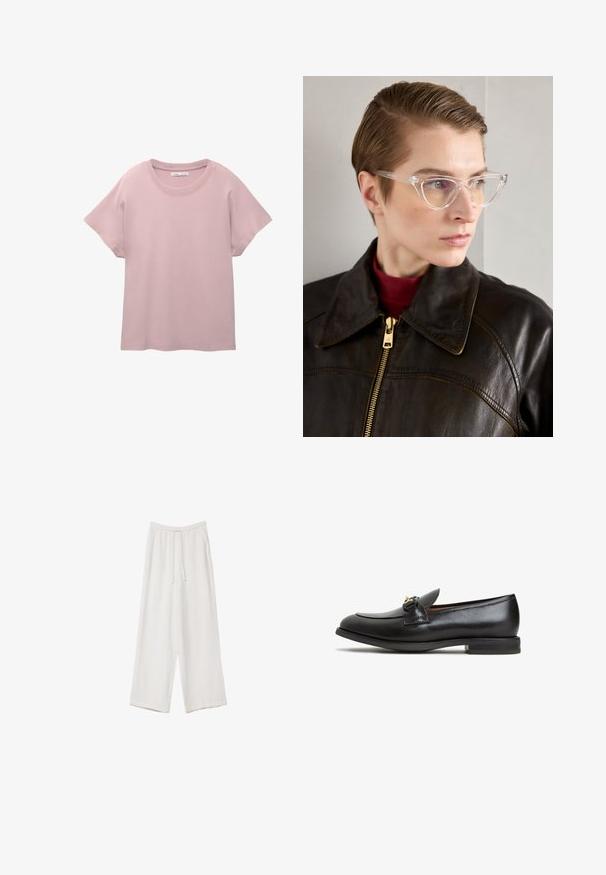 Světle růžové tričko s krátkým rukávem vyrobené z hladkého bavlněného materiálu. Má kulatý výstřih a volný střih s rovnou spodní linií.; Bílé široké kalhoty vyrobené z lehké tkaniny. Mají elastický pas se šňůrkou a boční kapsy. Hladká textura.; Černé kožené loafery s zaoblenou špičkou, decentním designem a zlatým kovovým akcentem na přední straně. Plochá gumová podrážka.; Průhledné acetátové brýle ve tvaru kočičích očí se žlutě zbarvenými skly, které nosí osoba v tmavé kožené bundě a červeném roláku. Hladký povrch.