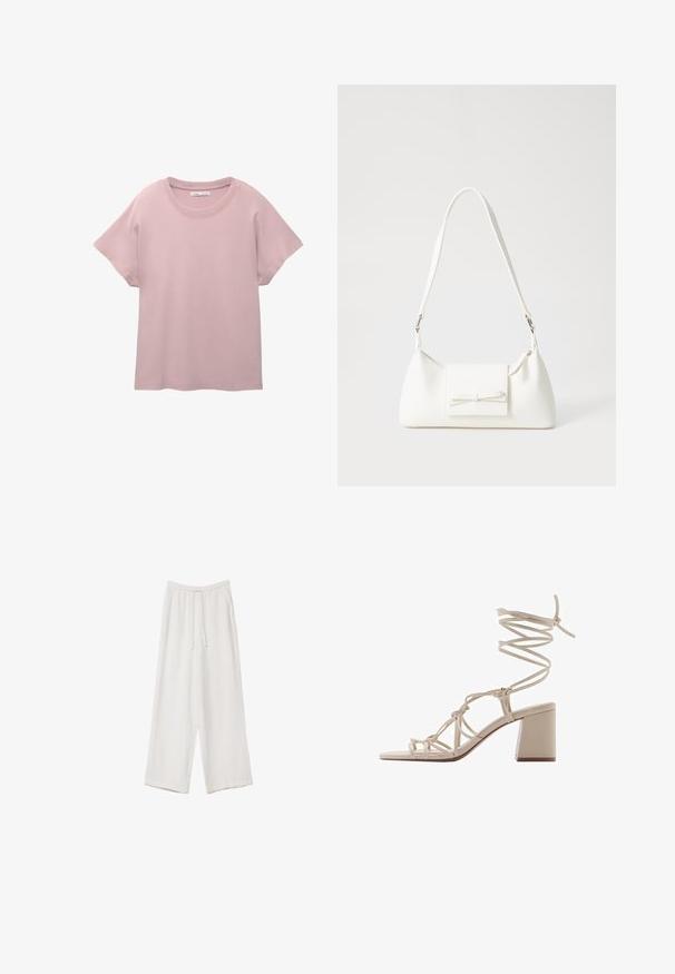 T-shirt rosa chiaro a maniche corte realizzato in cotone morbido. Presenta un colletto rotondo e una vestibilità comoda con un orlo dritto.; Pantaloni a gamba larga bianchi realizzati in un tessuto leggero. Presentano una vita elastica con cordoncino e tasche laterali. Texture liscia.; Mango Sandali - off-white; Borsa sintetica bianca a forma triangolare, con patta anteriore piatta e dettaglio a fiocco, tracolla regolabile, texture liscia e design minimalista.